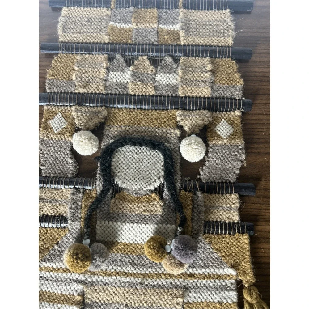 Vintage 70s Handwoven Fiber Art Tapestry Geometric Boho Tassel Wall Hanging 36”